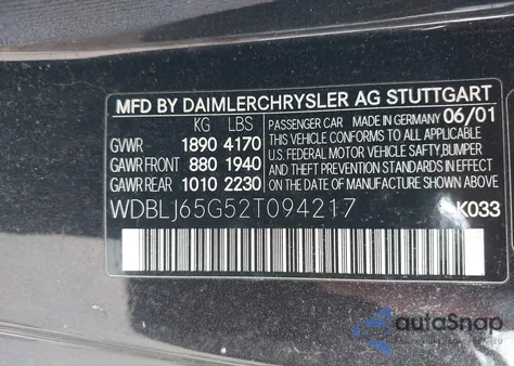 2002 Mercedes-Benz Clk 320 из США, поврежденный, VIN WDBLJ65G52T094217